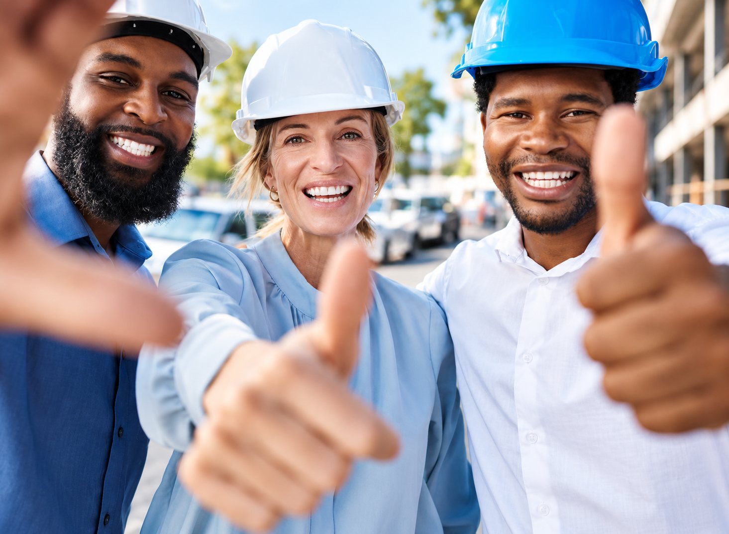 Equipa satisfeita a comemorar com o polegar em riste após o trabalho estar tratado